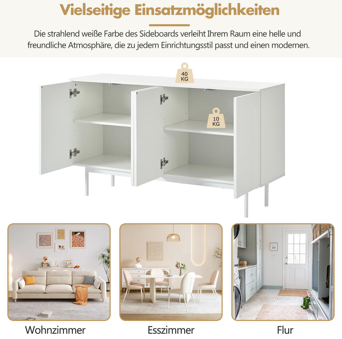 SIDEBOARD mit verstellbaren Einlegeböden und gewölbtem Frontdesign, Weiß - Weiß, Holzwerkstoff (140/80/42cm) - Redom