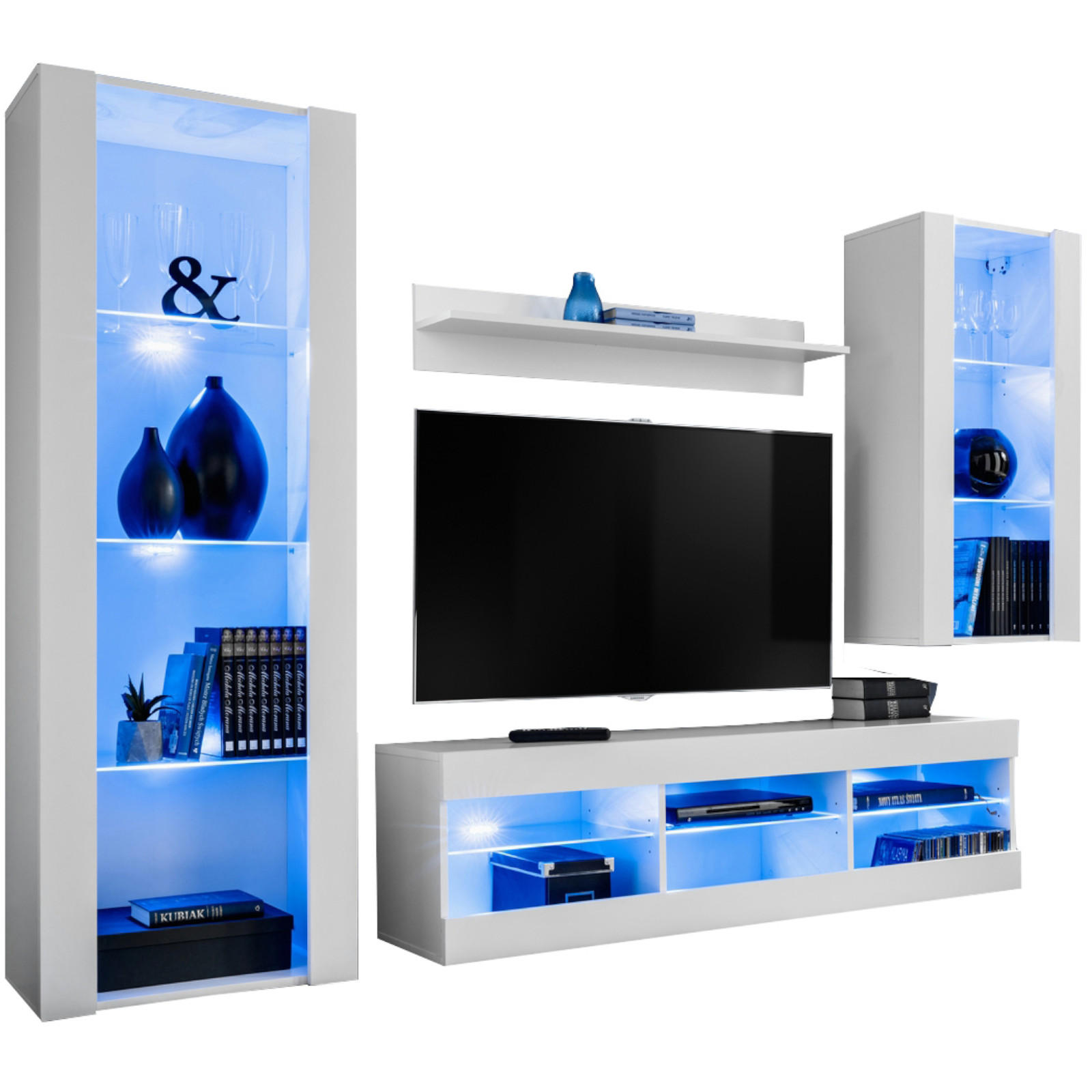 WOHNZIMMERSET TIVOLI MEDIO, 4er-Set, Weiss, LED Blau - Weiß, Glas/Holzwerkstoff (245/159/35cm) - Komodee