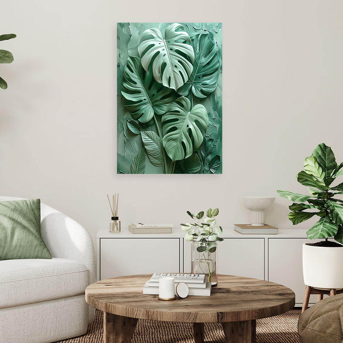 WANDBILD, Dekorative Monstera-Blätter in einer grünen 3D-Komposition - Grün, Textil (70/100cm) - Feeby