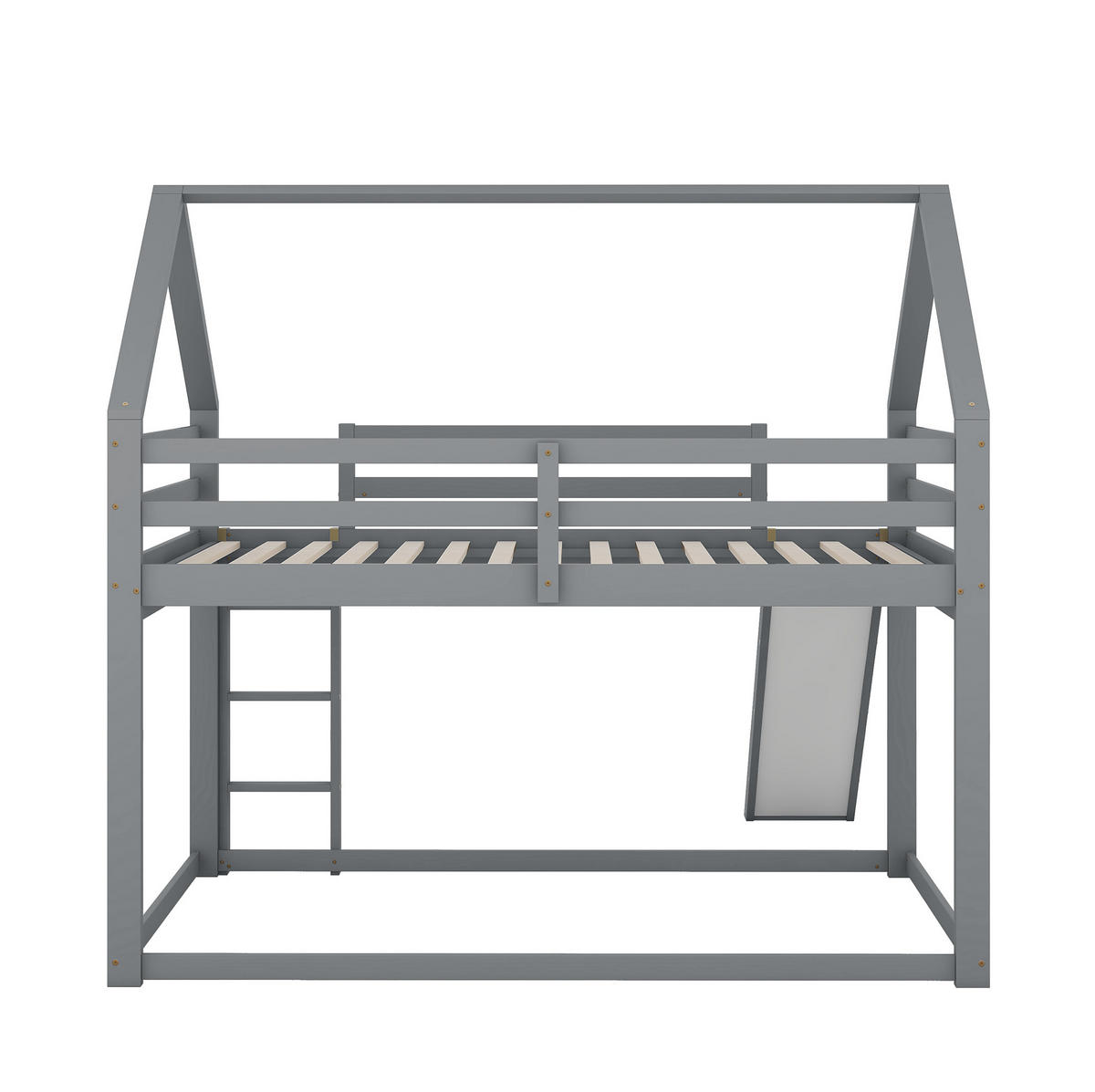 ETAGENBETT aus Kiefer und MDF 140x200 cm Grau mit Rutsche, Leiter und Hausform - Grau, Holzwerkstoff (140/200cm) - Modfu