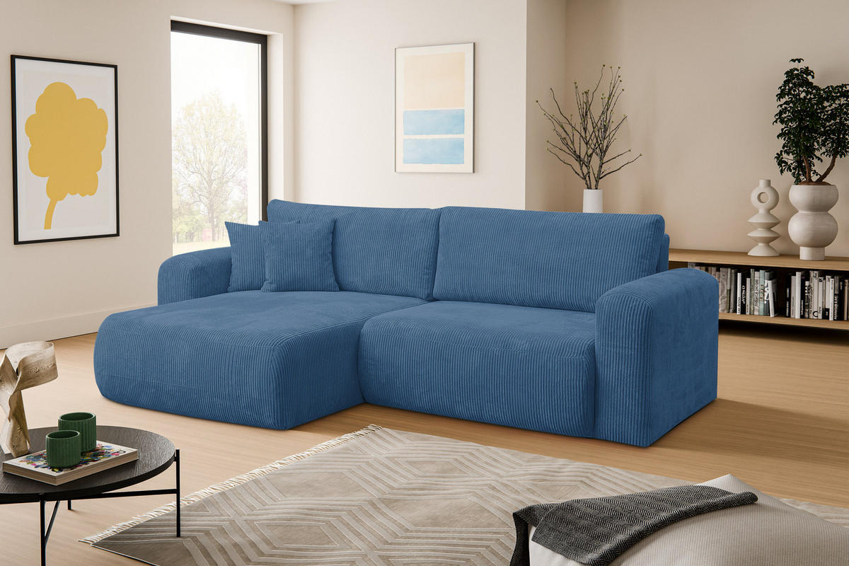 ECKSOFA Roma, Eckcouch in L-Form mit Schlaffunktion und Bettkasten, Farbe: Blau, Cordstoff, Ottomane Universal - Blau, Textil (244/142cm) - VENASI MÖBEL