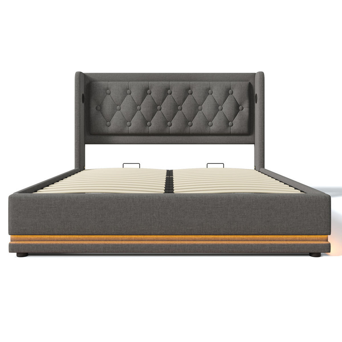 POLSTERBETT 160x200cm Doppelbett hydraulisch LED & USB-C Grau Baumwolle - Grau, Holz - FLIEKS