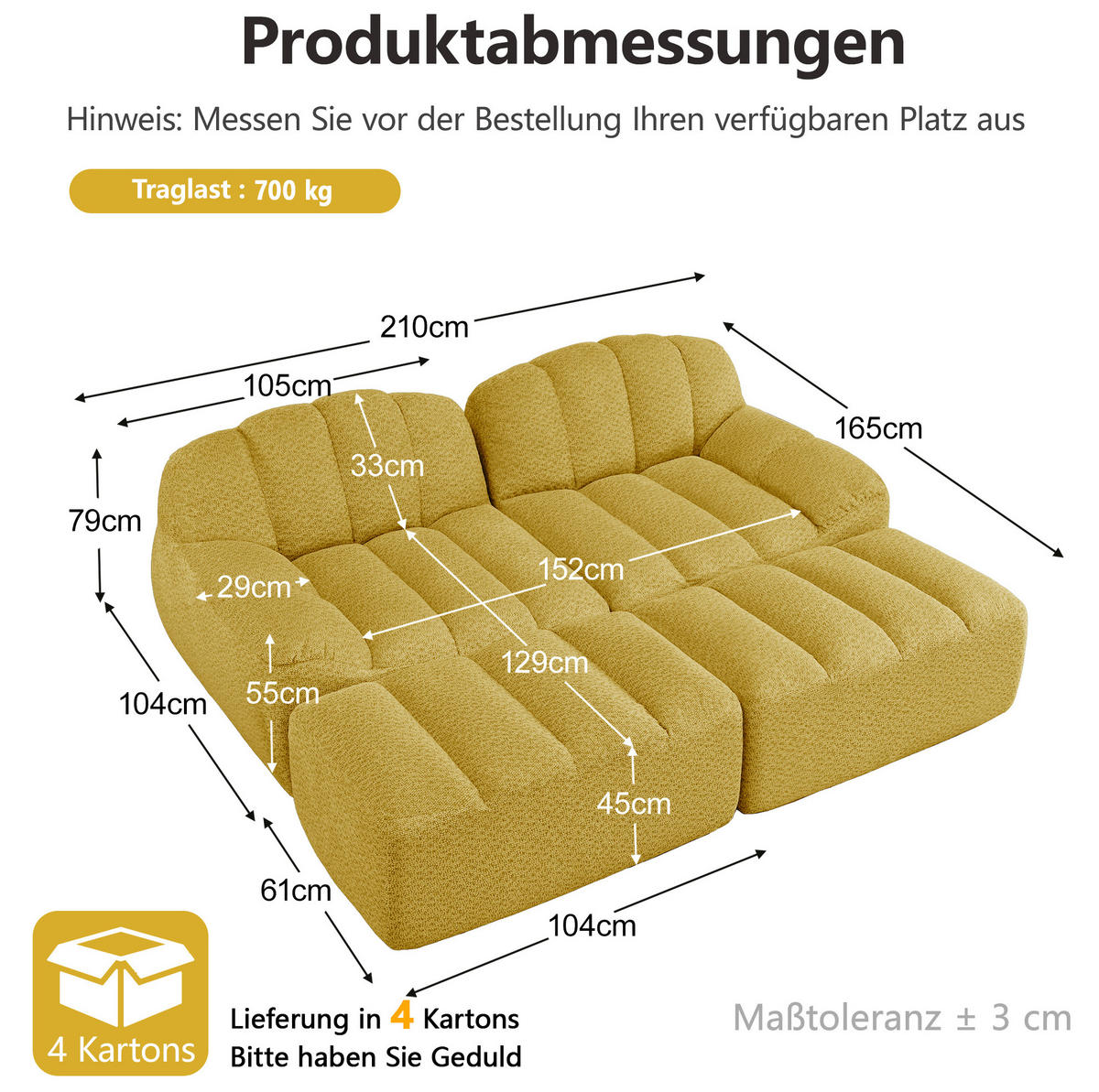 SOFA 210/165/79 cm in Gelb mit Ottomane, modular und ohne Montage - Gelb, Textil (165/79/210cm) - Flora Grace