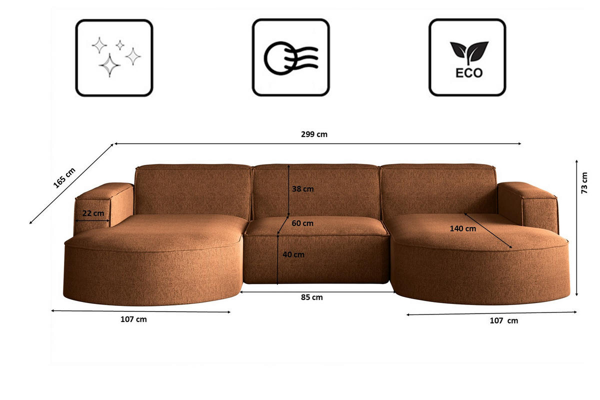 ECKSOFA U-Form MODENA STUDIO Stoff Verita Kupfer - Kupferfarben, Holz (165/299cm) - Kaiser Möbel