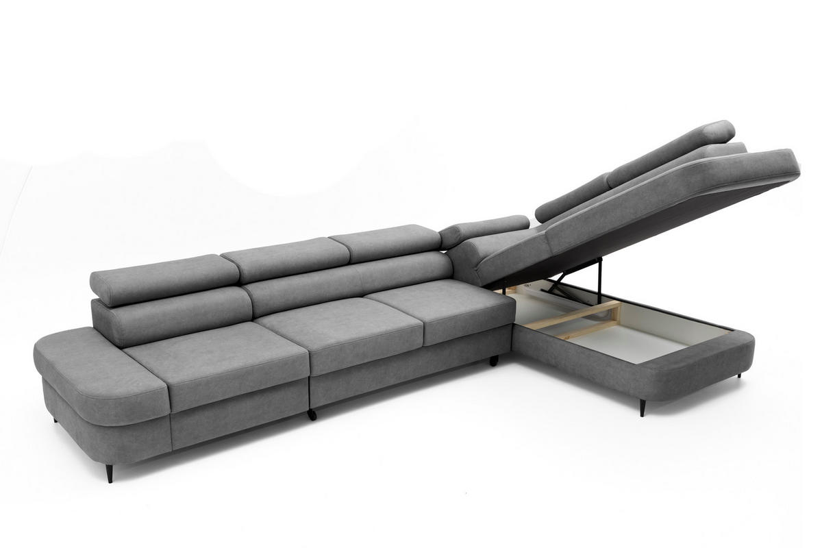 ECKSOFA PRIAM MAXI L-Form mit Schlaffunktion & Bettkasten, 6-Sitzer, 350cm, Verstellbare Kopfstützen, Ottomane Rechts - Grau, Holz/Textil (350/203cm) - Muffo