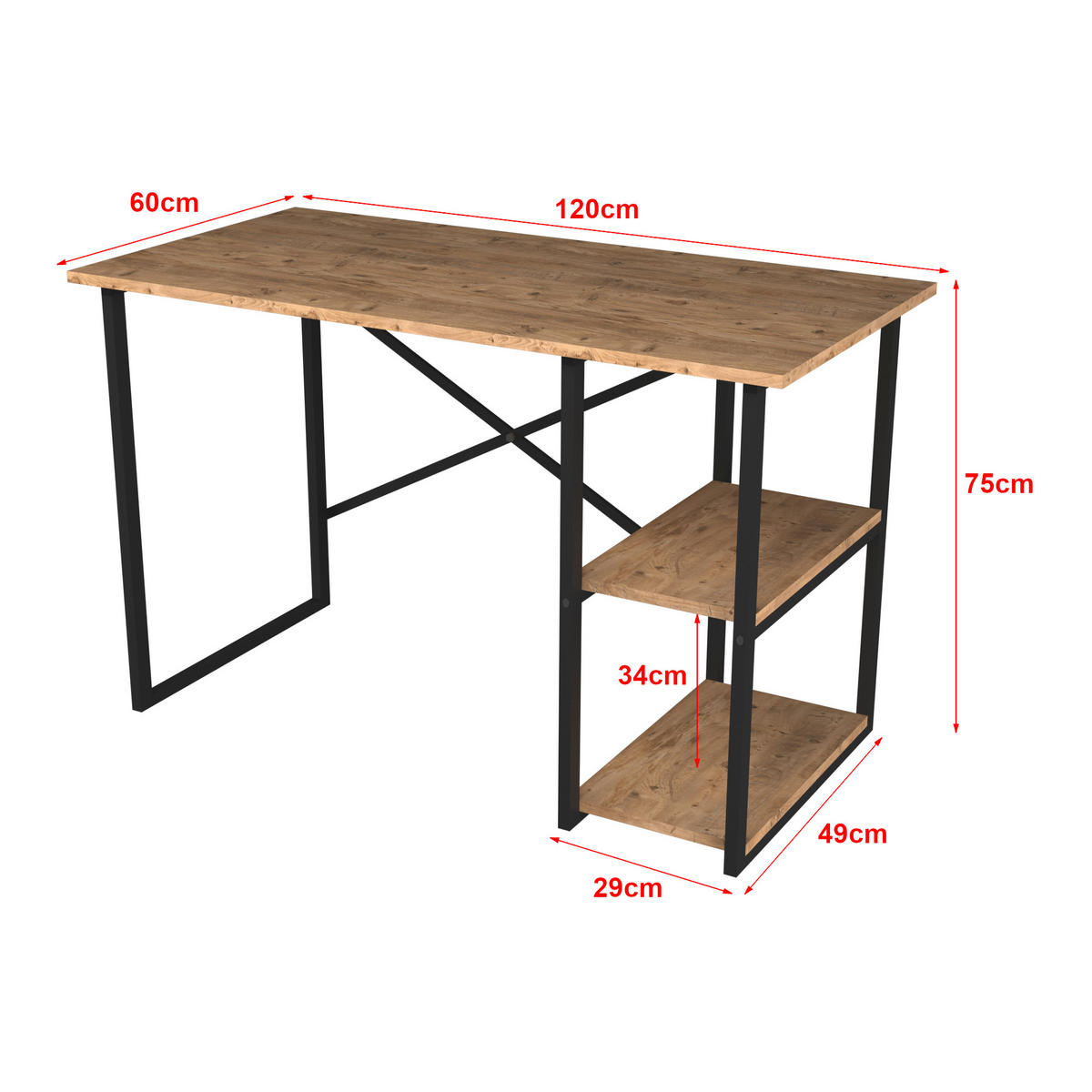 SCHREIBTISCH Nittedal - Eichefarben/Schwarz, Holzwerkstoff/Metall (60/120/75cm) - [en.casa]