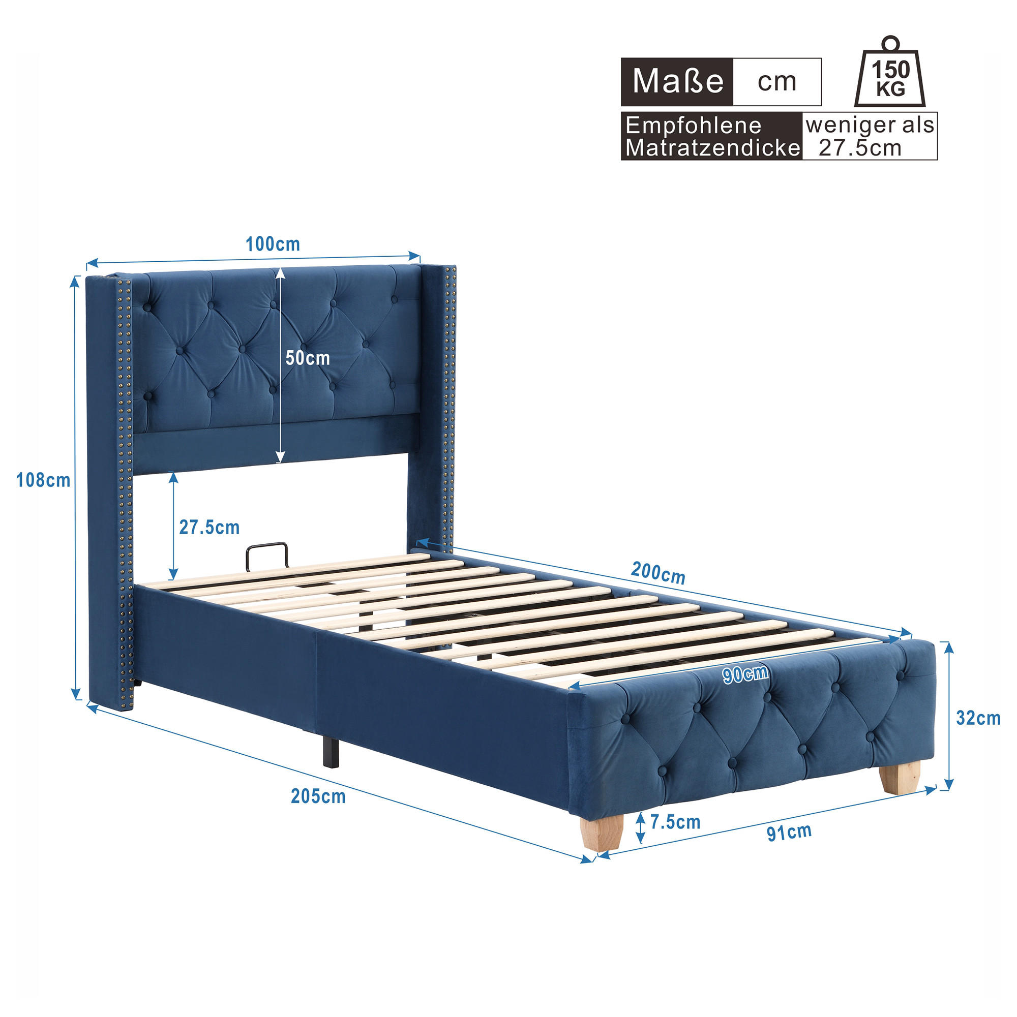 ComfortXL Polsterbett Blau 90x200 cm