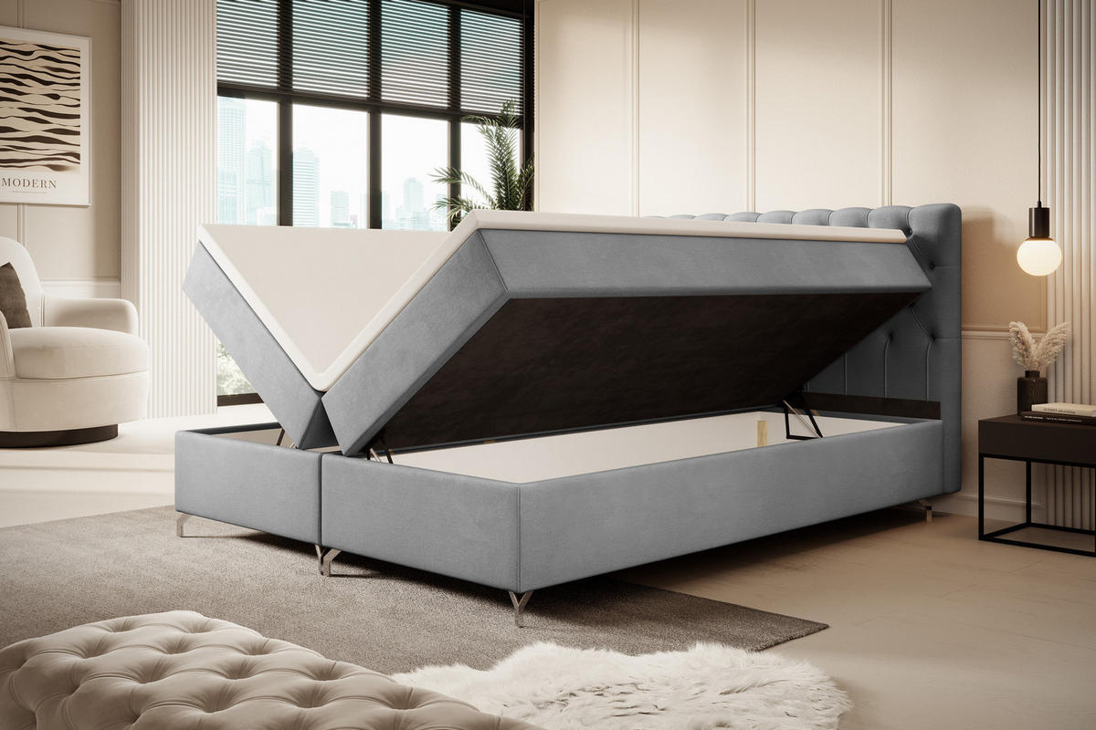 BOXBETT CHESTER 200x200, mit Matratze H3 und Topper, Monolith 84 - Hellgrau, Holz/Textil (200/200cm) - Bedante