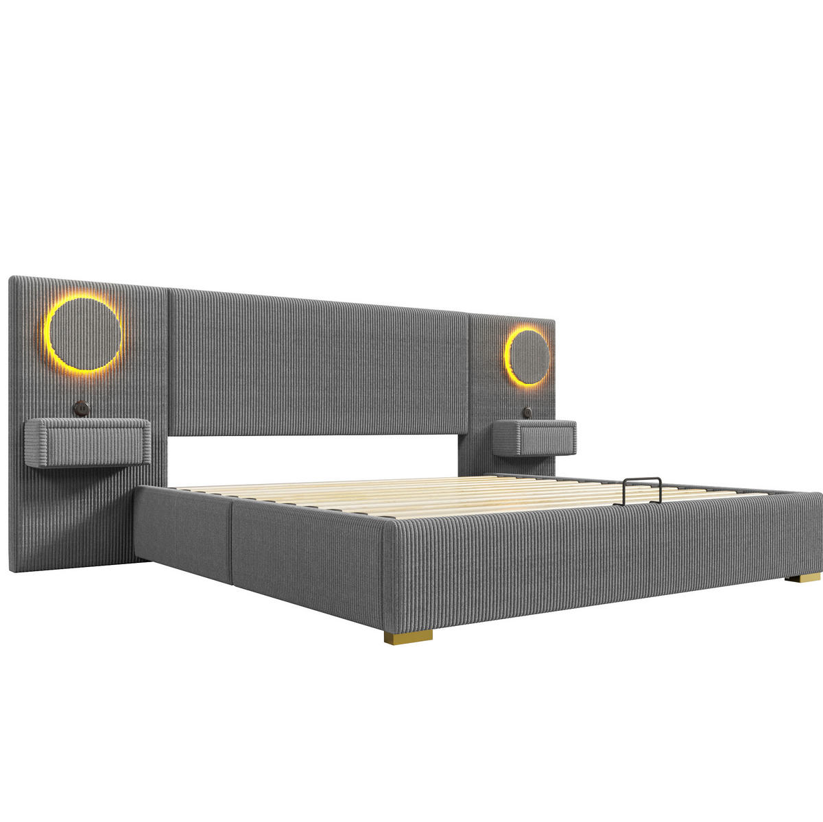 ČALOUNĚNÁ postel 180/200 cm s LED osvětlením, USB porty a hydraulickým úložným prostorem, Šedá - šedá, textil (180/200cm) - Redom