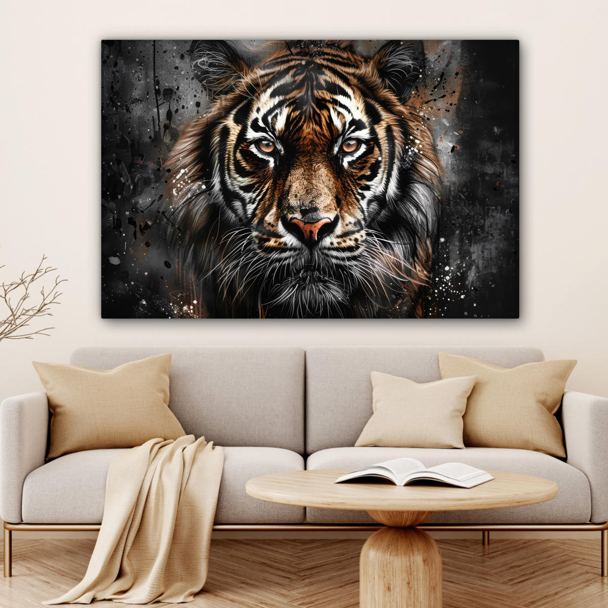 LEINWANDBILD Tiger - Tiere - Porträt - Luxus - Schwarz Groß 140x90 cm - Anthrazit, Textil (140/90cm) - MuchoWow