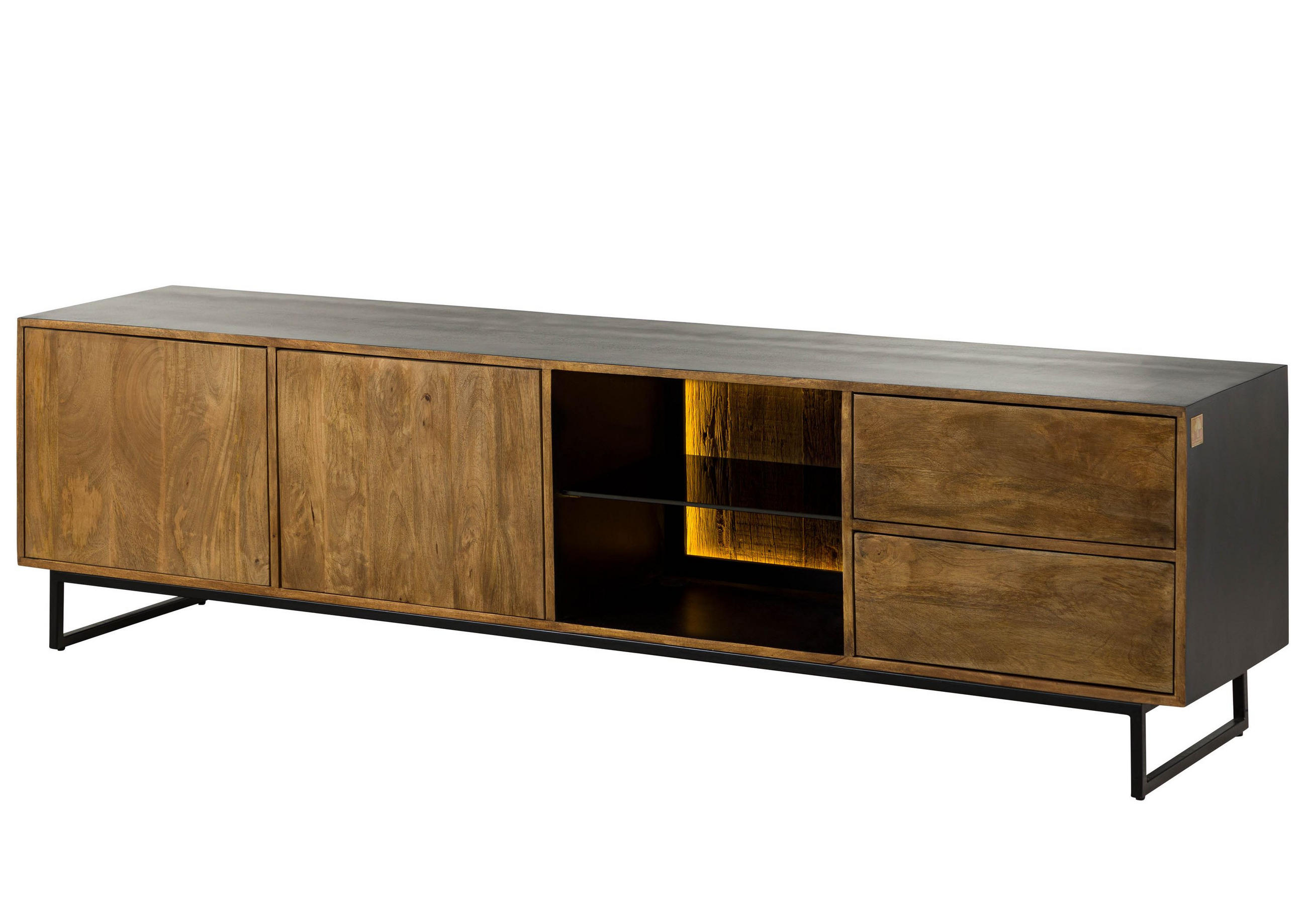 TV-BOARD Mango / Altholz 220x47x60 schwarz / natur lackiert DAVIS #22 - Schwarz, Holzwerkstoff (220/60/47cm) - Massivmoebel24