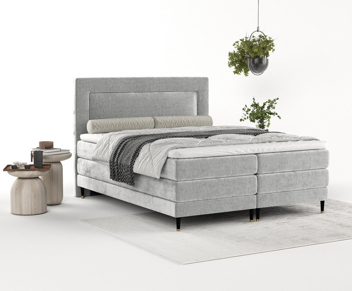 BOXSPRINGBETT Madame Hellgrau 160/200 cm mit Matratzen und Topper - Hellgrau/Schwarz, Holz/Holzwerkstoff (160/200cm) - Maison de Reve