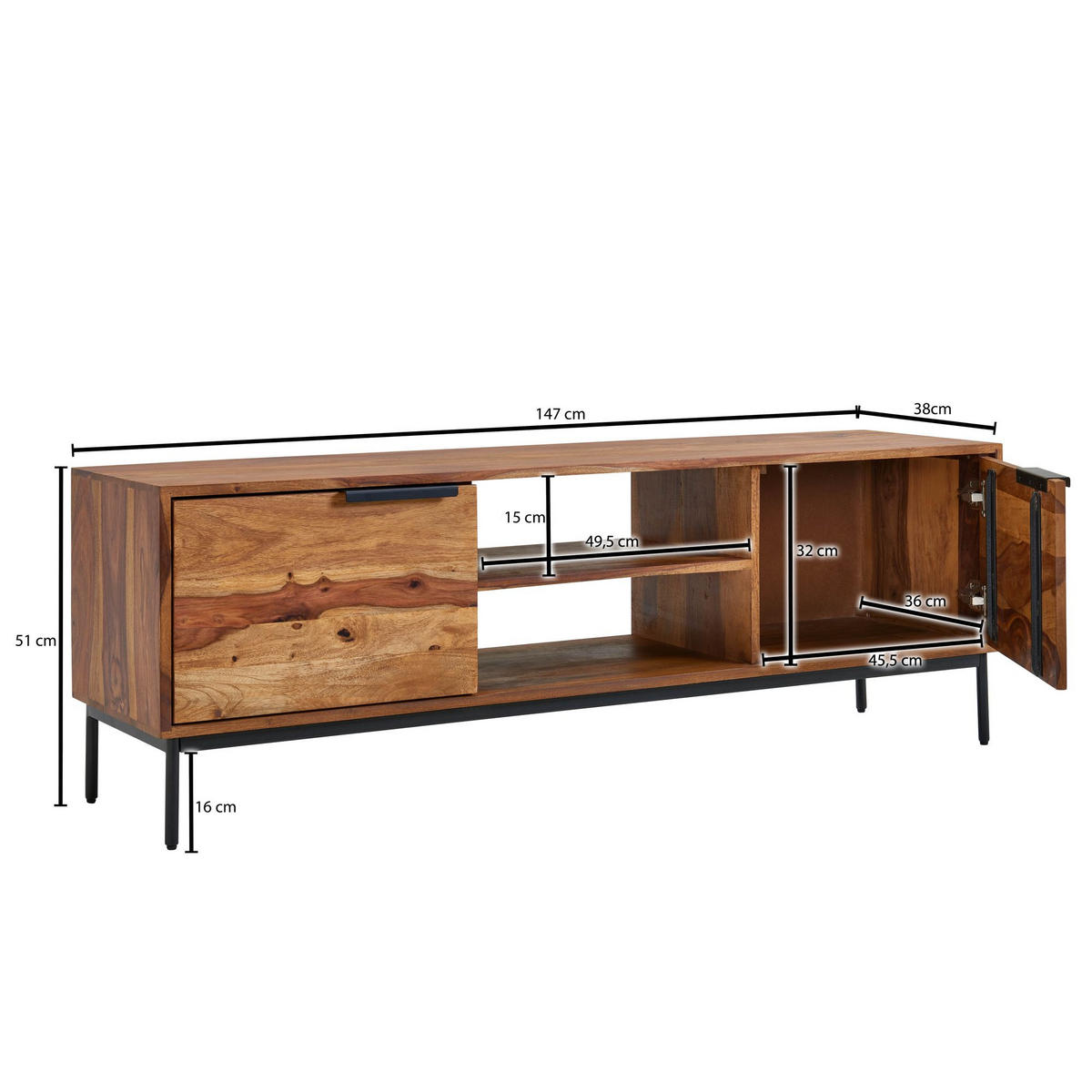 LOWBOARD Massivholz Landhausstil für 60-Zoll Fernseher mit offenen Fächern - Schwarz/Braun, Holz/Metall (147/51/38cm) - KADIMA DESIGN