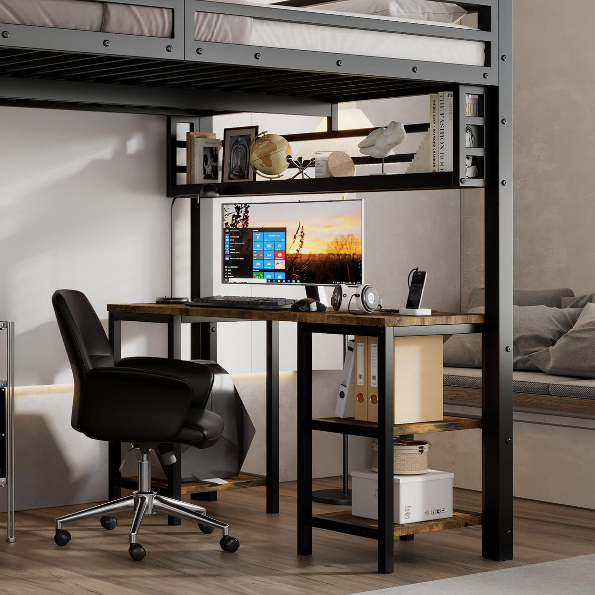 HOCHBETT 120/200 cm in Schwarz & Dunkler Walnuss mit Schreibtisch und Ablagefläche - Schwarz, Holzwerkstoff/Metall (120/200cm) - STILVORA