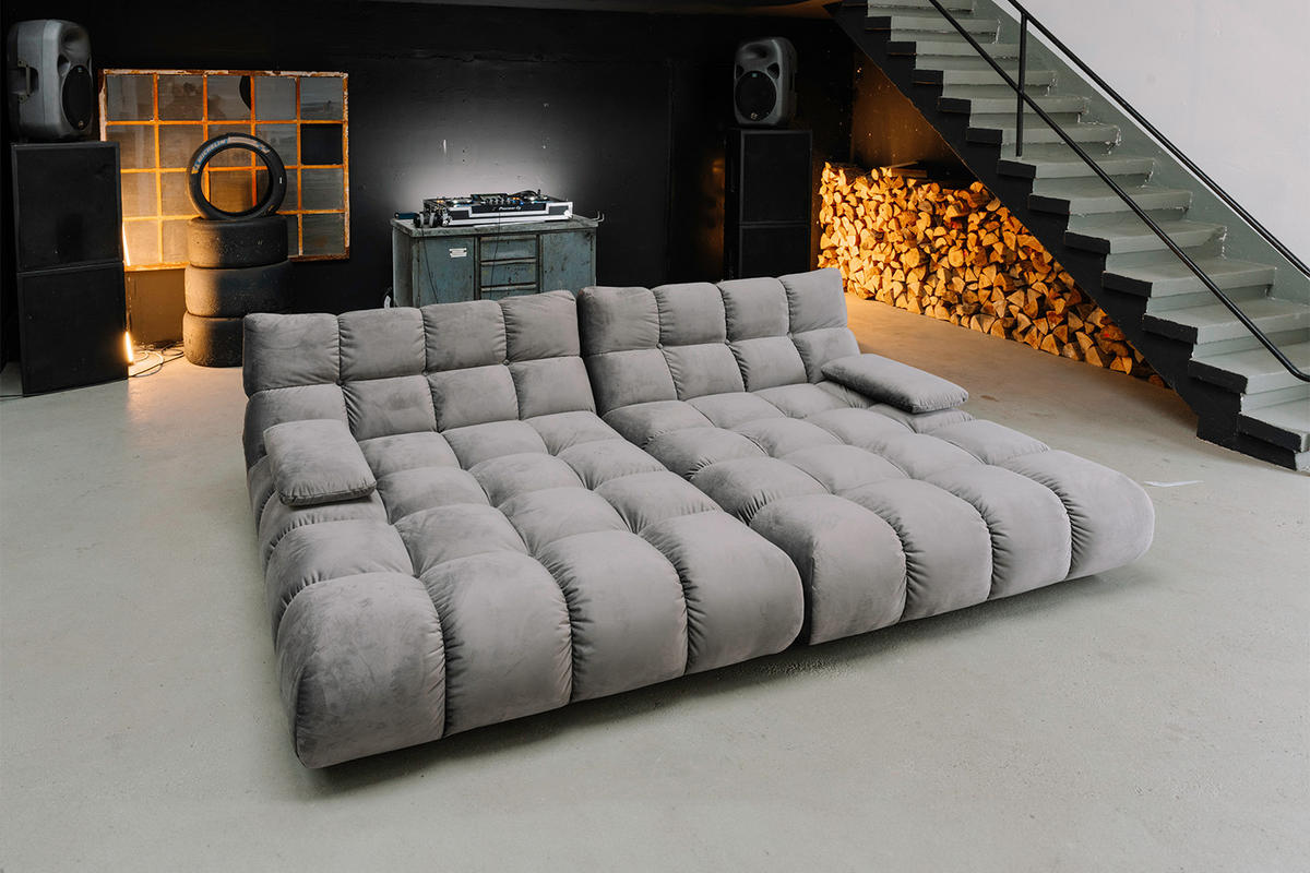 BIG SOFA VIVIEN Steingrau Velvet - Schwarz/Grau, Kunststoff/Textil (296/85/178cm) - KAWOLA