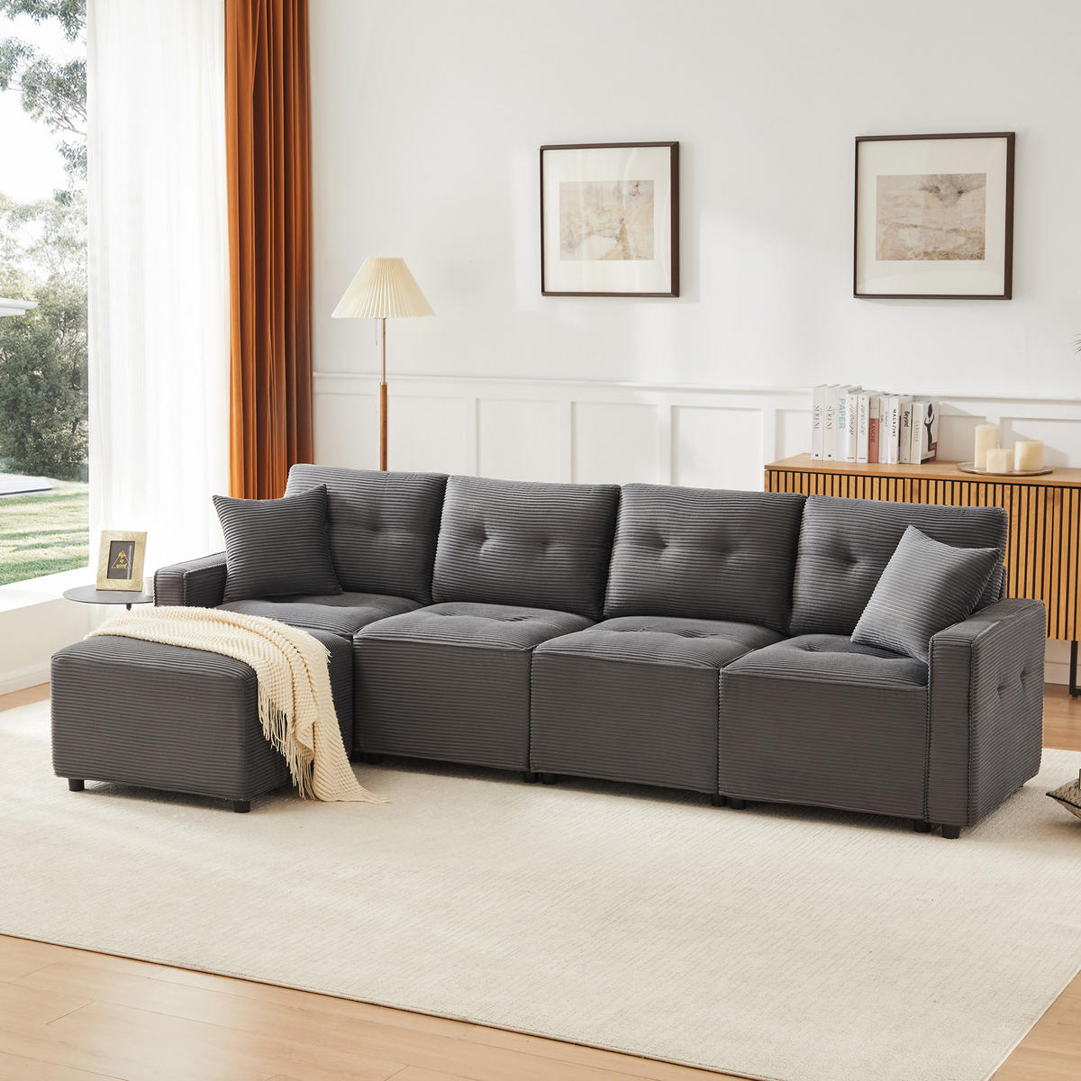 SOFA, 4-Sitzer, Stauraum, Hocker, Grau, 280x146x85cm - Grau, Textil (146/280cm) - FLIEKS