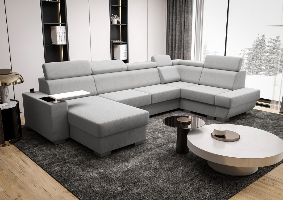 WOHNLANDSCHAFT KONGO RBN20, Eckcouch in U-Form mit Schlaffunktion, Farbe: Grau, Velourstoff, Ottomane Links - Grau, Textil (340/103/200cm) - O-Sofa