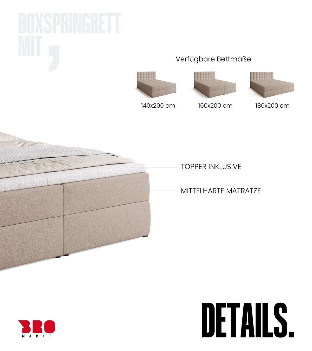 BOXBETT Detroit mit Topper 160/200 Beige - Creme, Textil (160/200cm) - Bromarkt