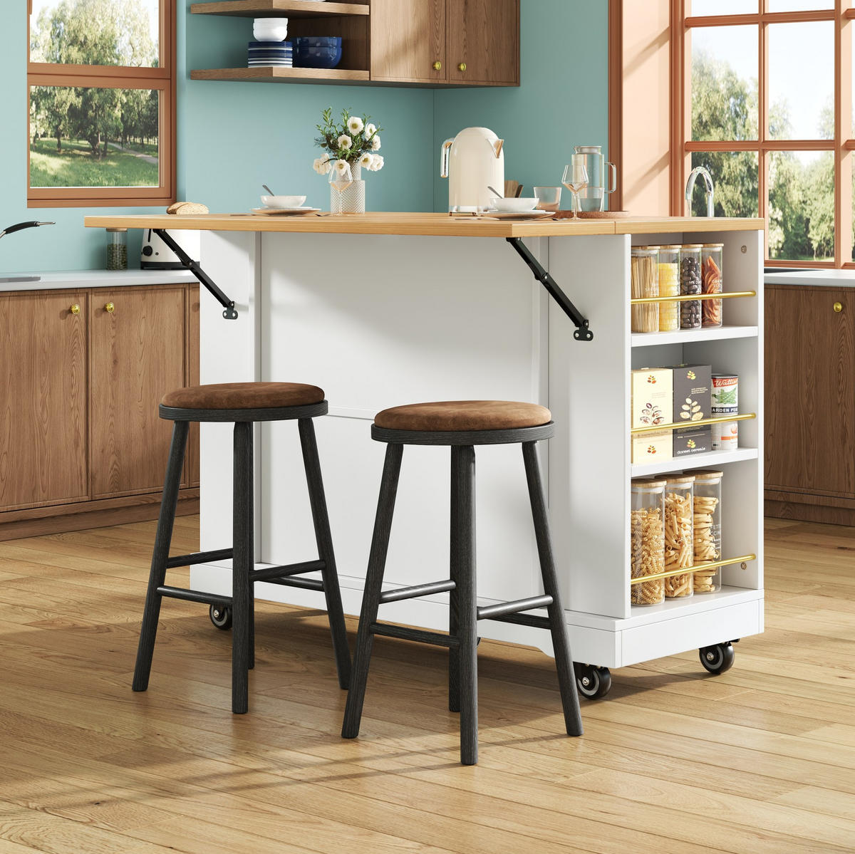 KUHINJSKI otok 120/65/90 cm bijeli MDF, raztegljiv s prostorom za odlaganje - bijela, drvni materijal (120/90/65cm) - BEAOK