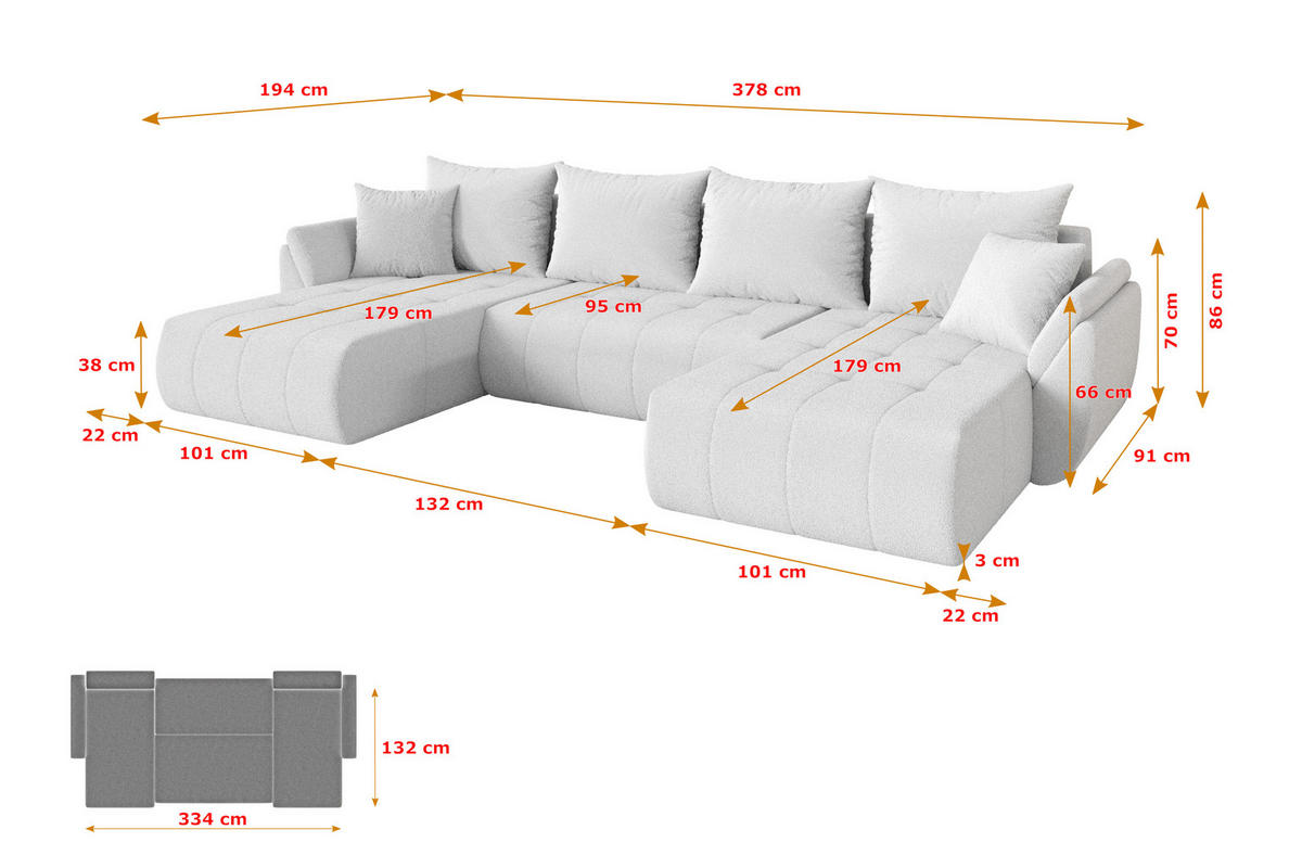 SEDACÍ SOUPRAVA DO U s funkcí spaní a úložným prostorem TOKO-U 378x194x86 bílá bouclé - bílá/černá, kompozitní dřevo/textil (378/86/194cm) - ALTDECOR