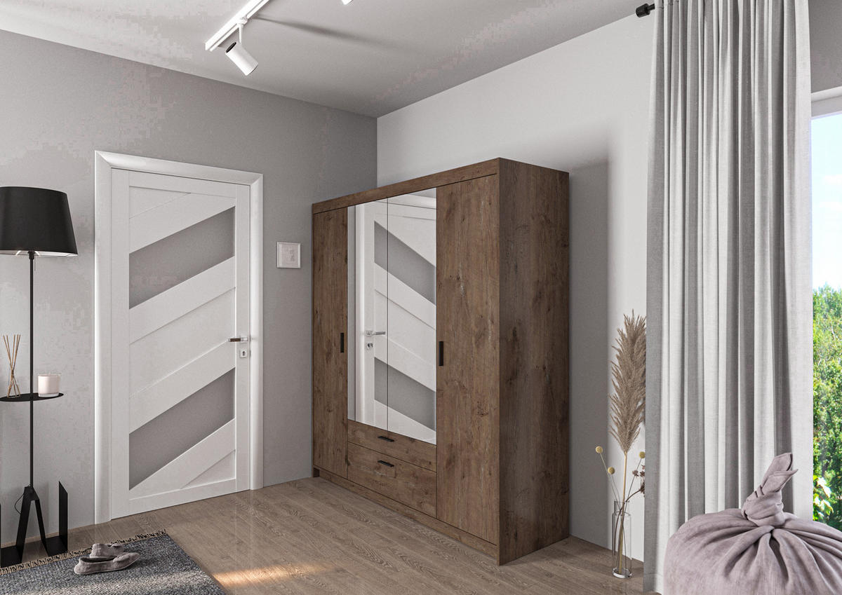 KLEIDERSCHRANK Storicos Eiche Lefkas 176,3/190,5/53 cm - 4T2S Modern mit Schubladen und Spiegel - Braun, Holzwerkstoff/Kunststoff (176.4/190.6/53cm) - AX Living