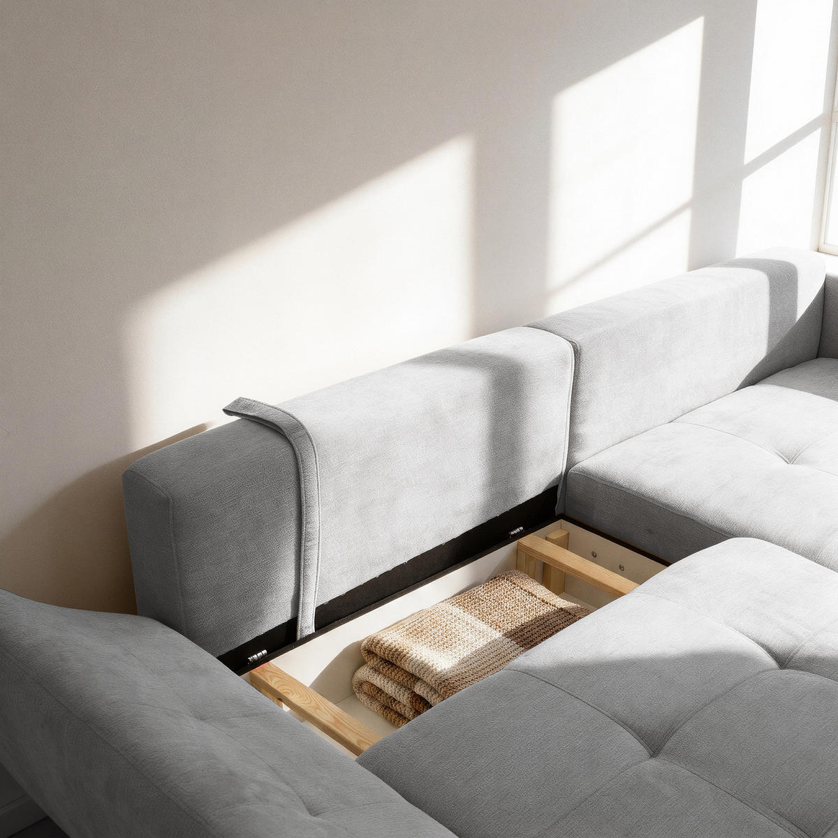 ECKSOFA NICE L Rechts mit Schlaffunktion 137x204 Chenille Hellgrau - Hellgrau/Schwarz, Holz/Textil (165/260cm) - Muffo