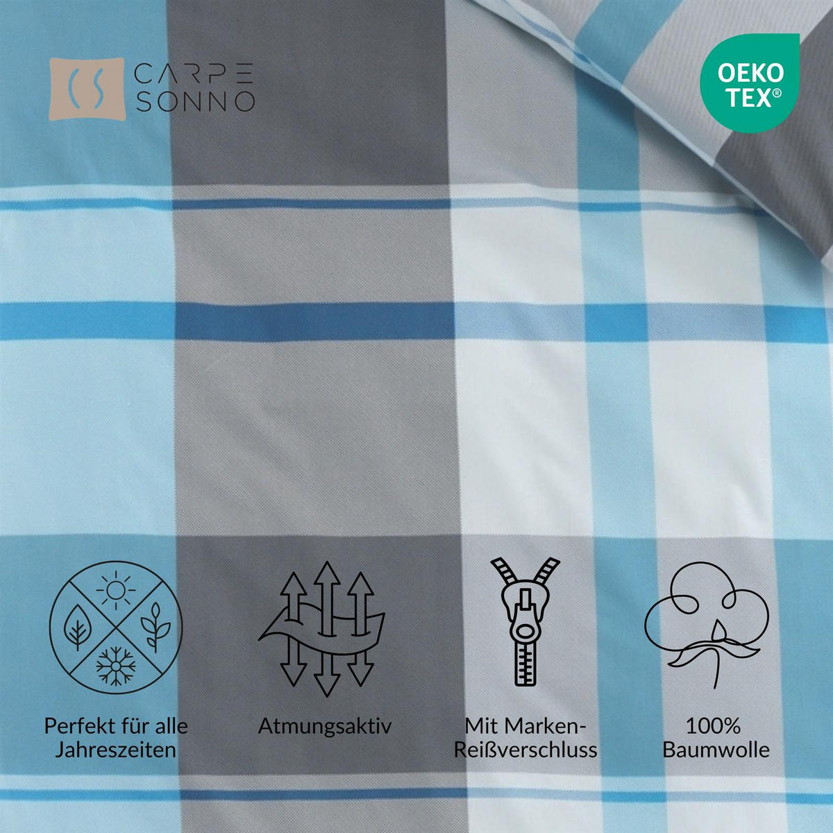 BETTWÄSCHE 135x200 Renforce Baumwolle Bettbezug Karo Muster Blau Grau kariert - Blau, Textil (135/200cm) - Carpe Sonno