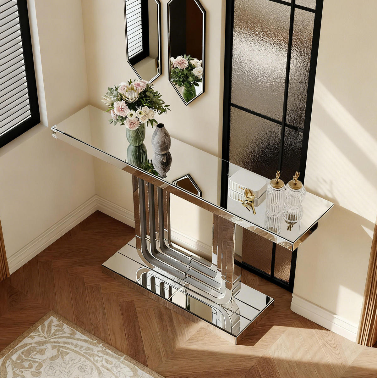 KONSOLENTISCH 120/30/76 cm silber aus Glas und MDF mit Spiegeloptik und U-Form-Basis - Silberfarben, Holzwerkstoff (120/30/76cm) - OKWISH