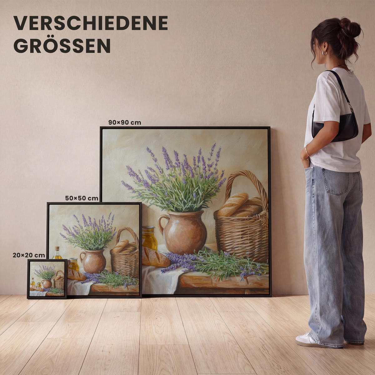 LEINWAND Bilder mit Rahmen - Lavendel - Brot - Stilleben - 90x90 - Flieder, Textil (90/90cm) - MuchoWow