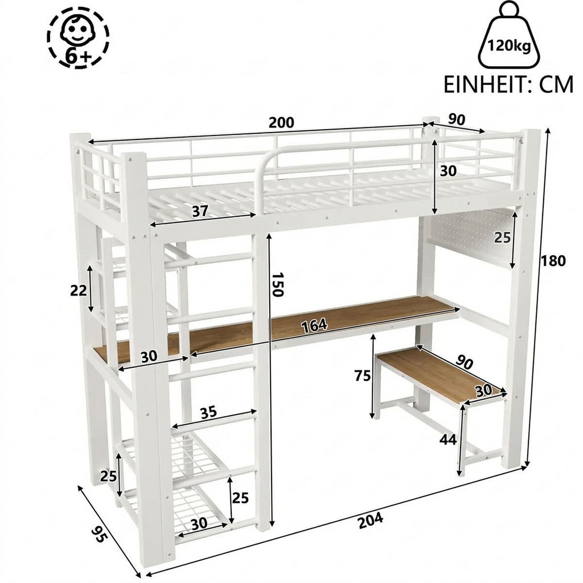 HOCHBETT 90/200 cm Weiß mit Gitter zum Aufhängen von Gegenständen, LED-Lichtleiste und Stauraum - Weiß, Metall (90/200cm) - Oxeza