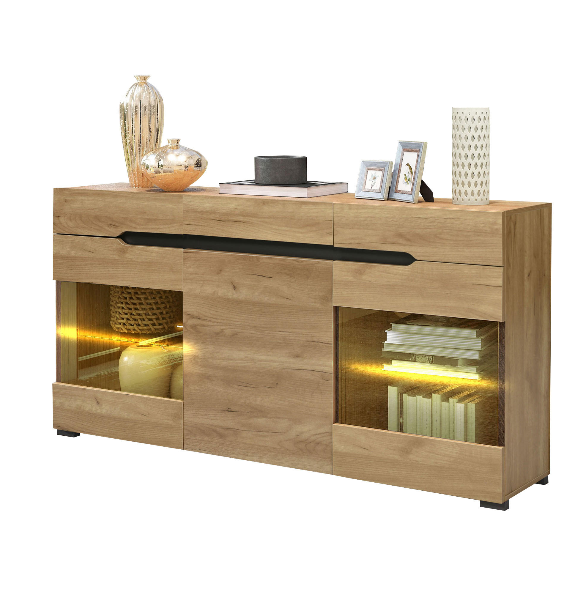 Modfu KOMODA z drevotriesky 140x35x80 cm dub s LED osvetlením, 3 dvierkami a 3 zásuvkami, ovládanie cez aplikáciu