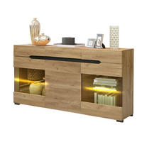 KOMODA z dřevotřísky 140x35x80 cm dubová s LED osvětlením, 3 dvířky, 3 zásuvkami a USB napájením - barva dubu, kompozitní dřevo (140/80/35cm) - Modfu