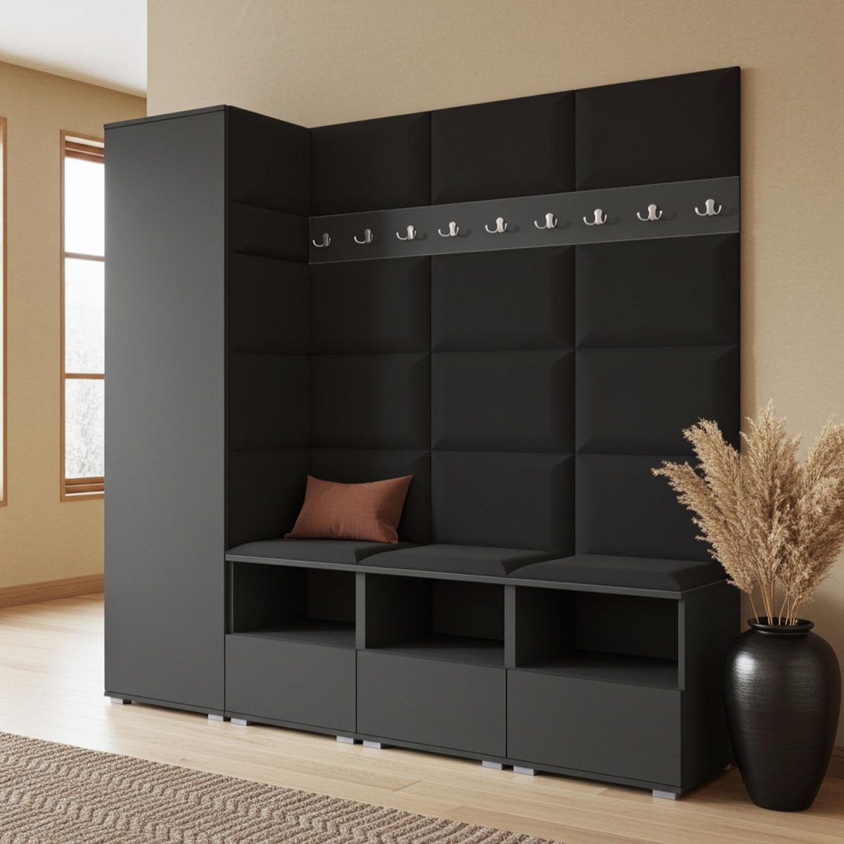 GARDEROBE NELA IX 200 cm (Modulare Flurmöbel Graphit mit Sitzpolster Schwarz 16 Breite Sitzbank) - Silberfarben/Schwarz, Holz/Holzwerkstoff (200/187/40cm) - Ravio