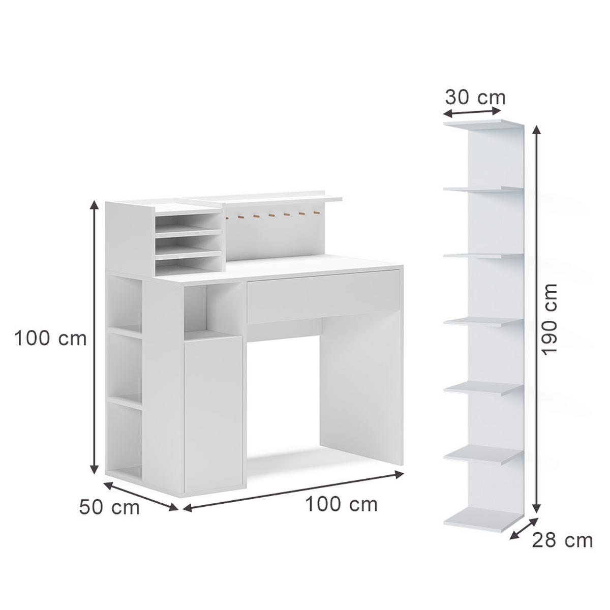 SCHREIBTISCH Weiß 2 Teile, mit Bücherregal - Weiß, Holzwerkstoff (50/100/100cm) - Vicco