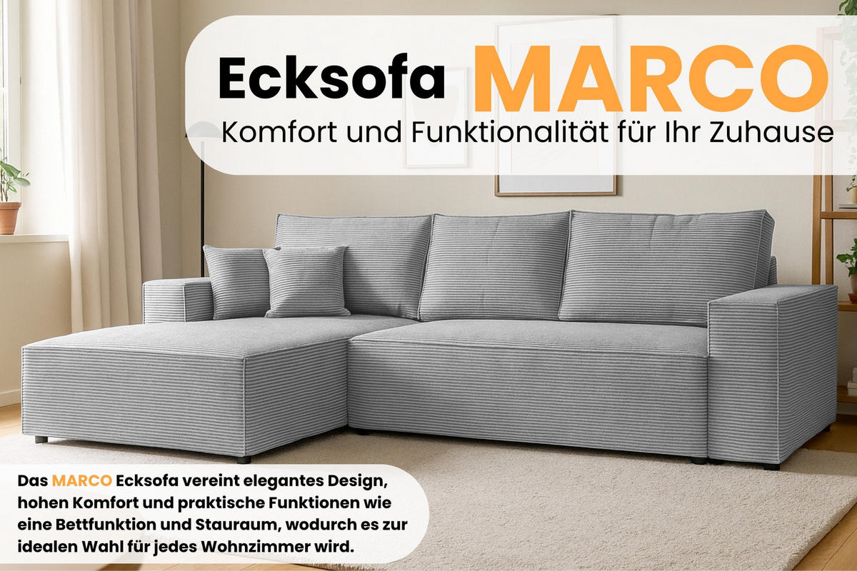 ECKSOFA MARCO 294/185 in Cord Hellgrau mit Schlaffunktion links - Hellgrau, Holz/Holzwerkstoff (294/185cm) - Deine Möbel 24