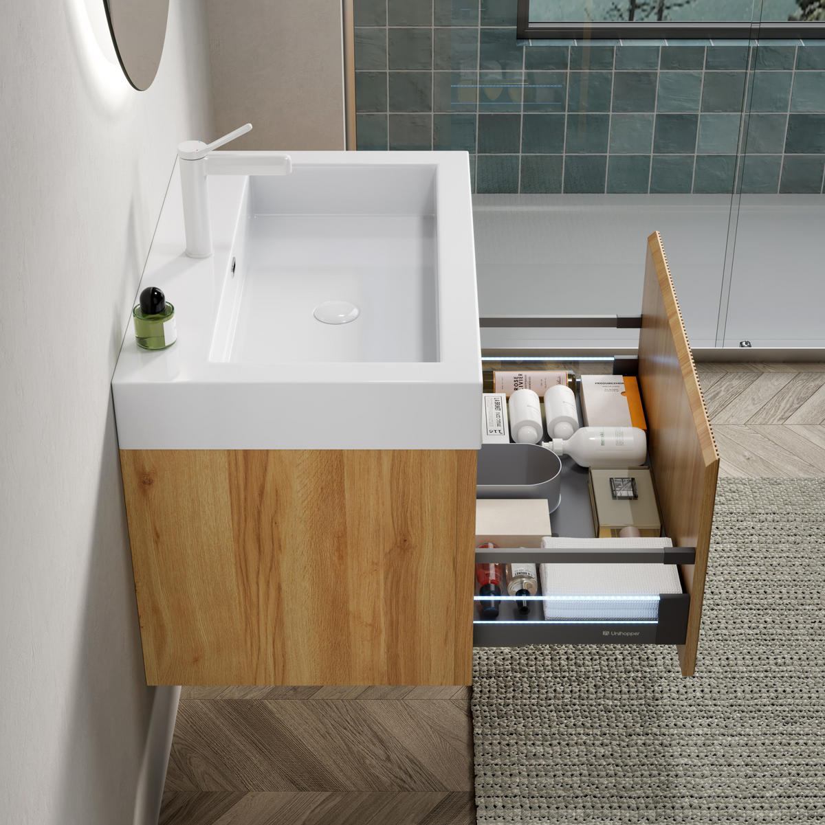 WASCHTISCHUNTERSCHRANK 70x46x50cm Naturholz/Weiß mit Resinbecken & LED-Schubladensystem - Naturfarben, Kunststoff (70/50/46cm) - Modfu