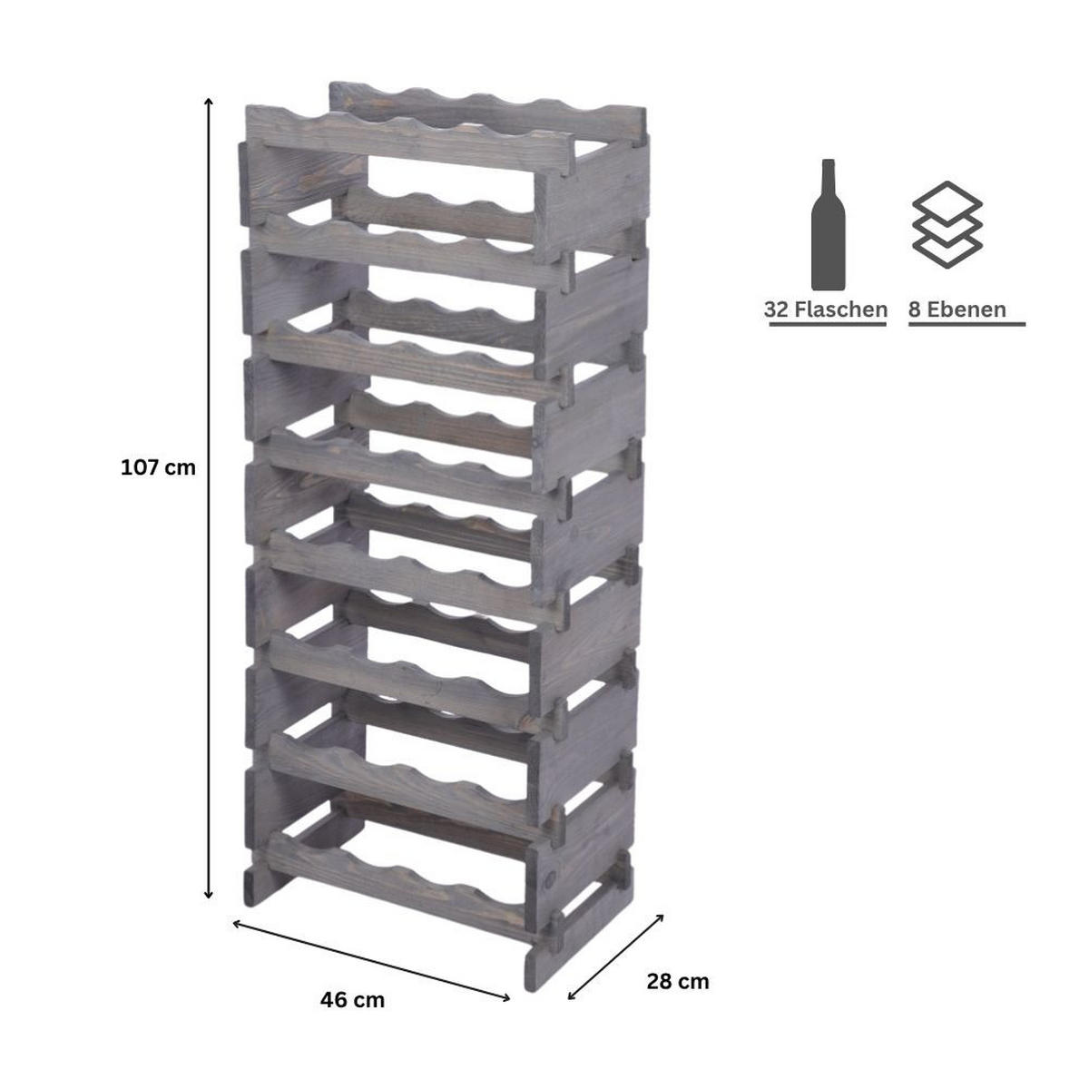 WEINREGAL VINOTECA FLEX PRO HxBxT 107x46x28cm 32 Flaschen auf 8 Ebenen Grau - Grau, Holz (46/107/28cm) - PROREGAL