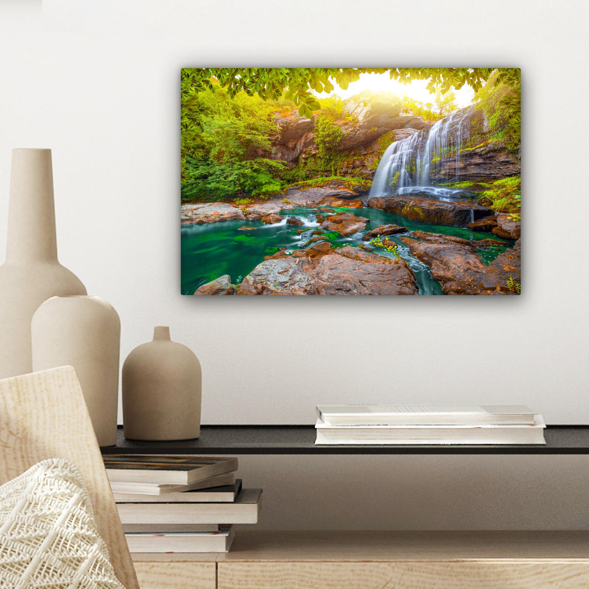 LEINWANDBILD Natur - Wasserfall - Pflanzen - Bäume - Sonne Deko Schlafzimmer 30x20 cm - Olivgrün, Textil (30/20cm) - MuchoWow