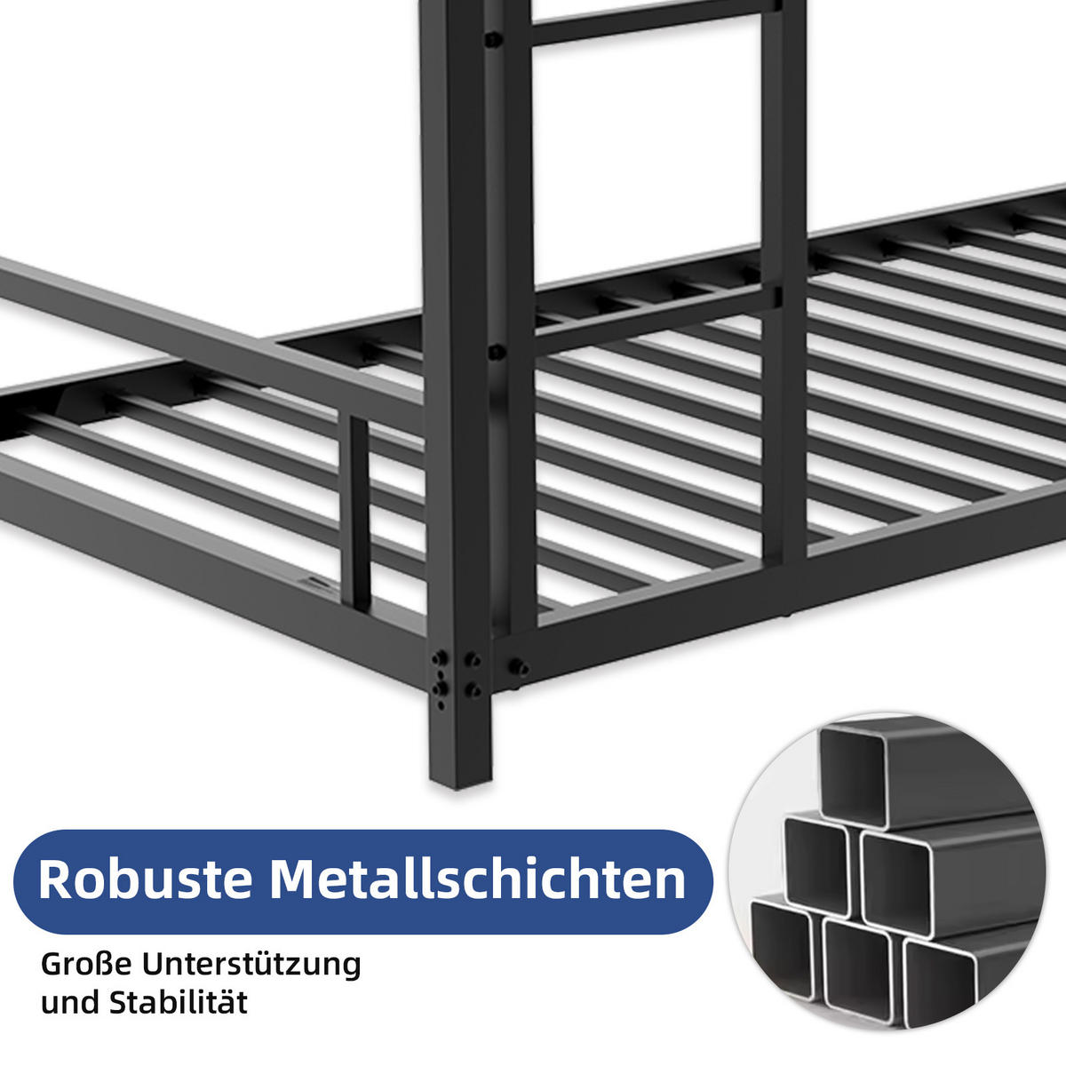 ETAGENBETT 90/200 cm Schwarz mit Leiter und Sicherheitsgeländer, Eisen - Schwarz, Metall (90/200cm) - Oxeza