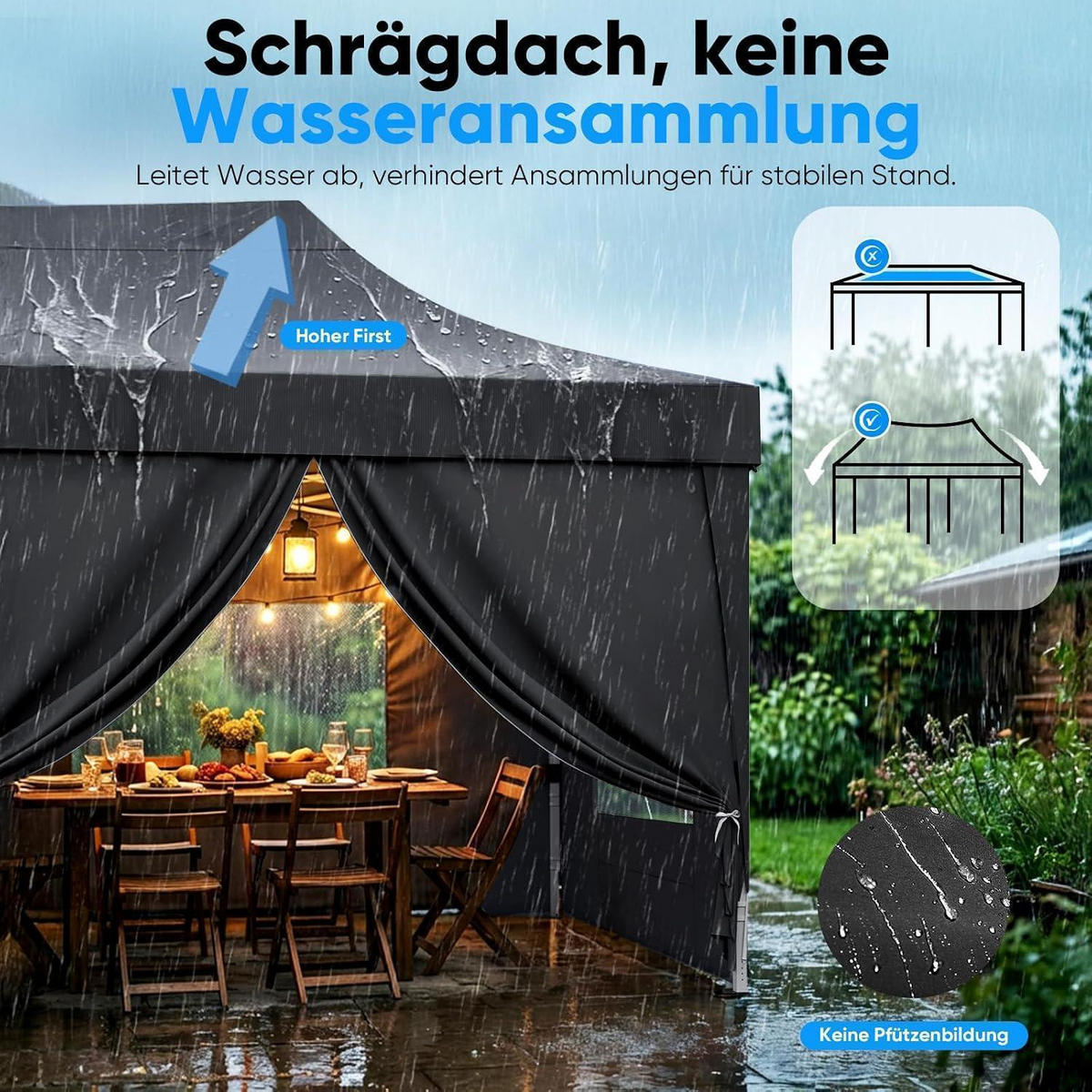 FALTPAVILLON 3x6m wasserdicht mit Seitenwänden UV-Schutz 50+ Stahlrahmen Schwarz - Schwarz, Textil (585/310/293cm)