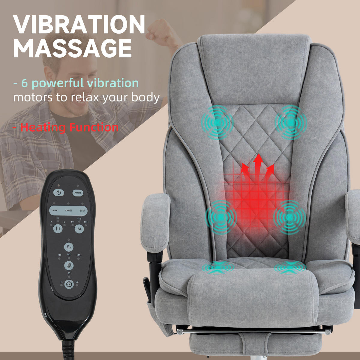 BÜROSTUHL mit Vibrtationsmassage, Ergonomischer Schreibtischstuhl mit Heizung - Grau, Metall (67/119/72cm) - Vinsetto