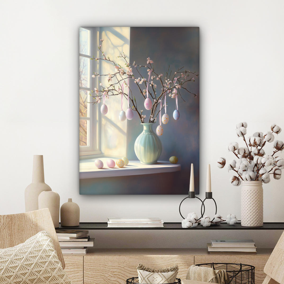 LEINWANDBILD Stillleben - Vase - Osterzweig Wandbild Wohnzimmer 60x80 cm - Hellblau, Textil (60/80cm) - MuchoWow