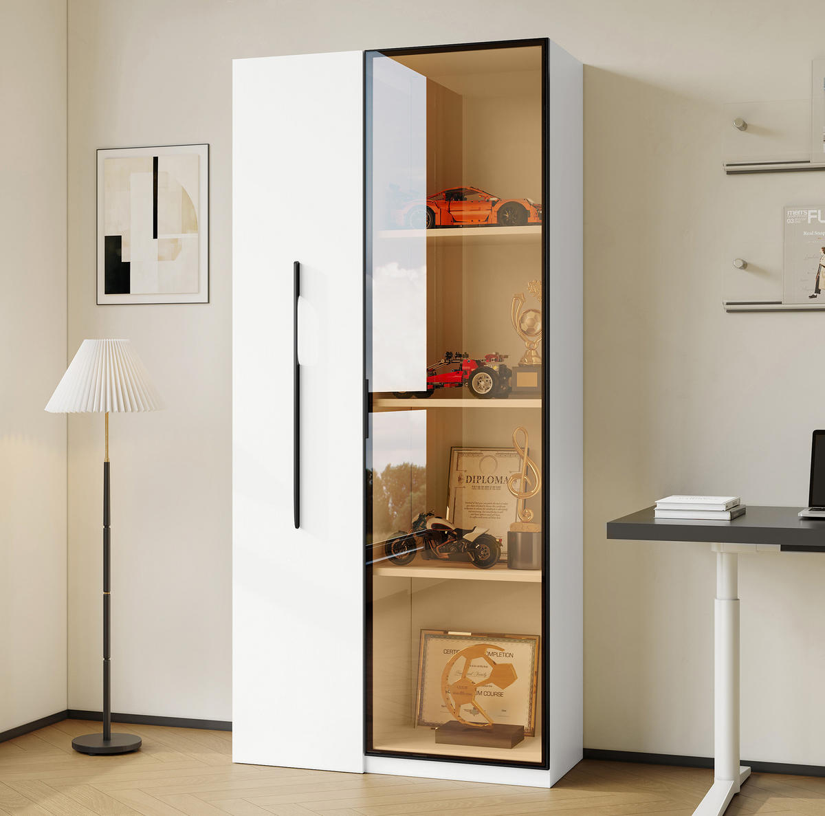 VITRINA 70/40/160 cm bijela od MDF-a s LED osvjetljenjem i izvlačnim policama - bijela, drvni materijal (70/160/40cm) - BEAOK