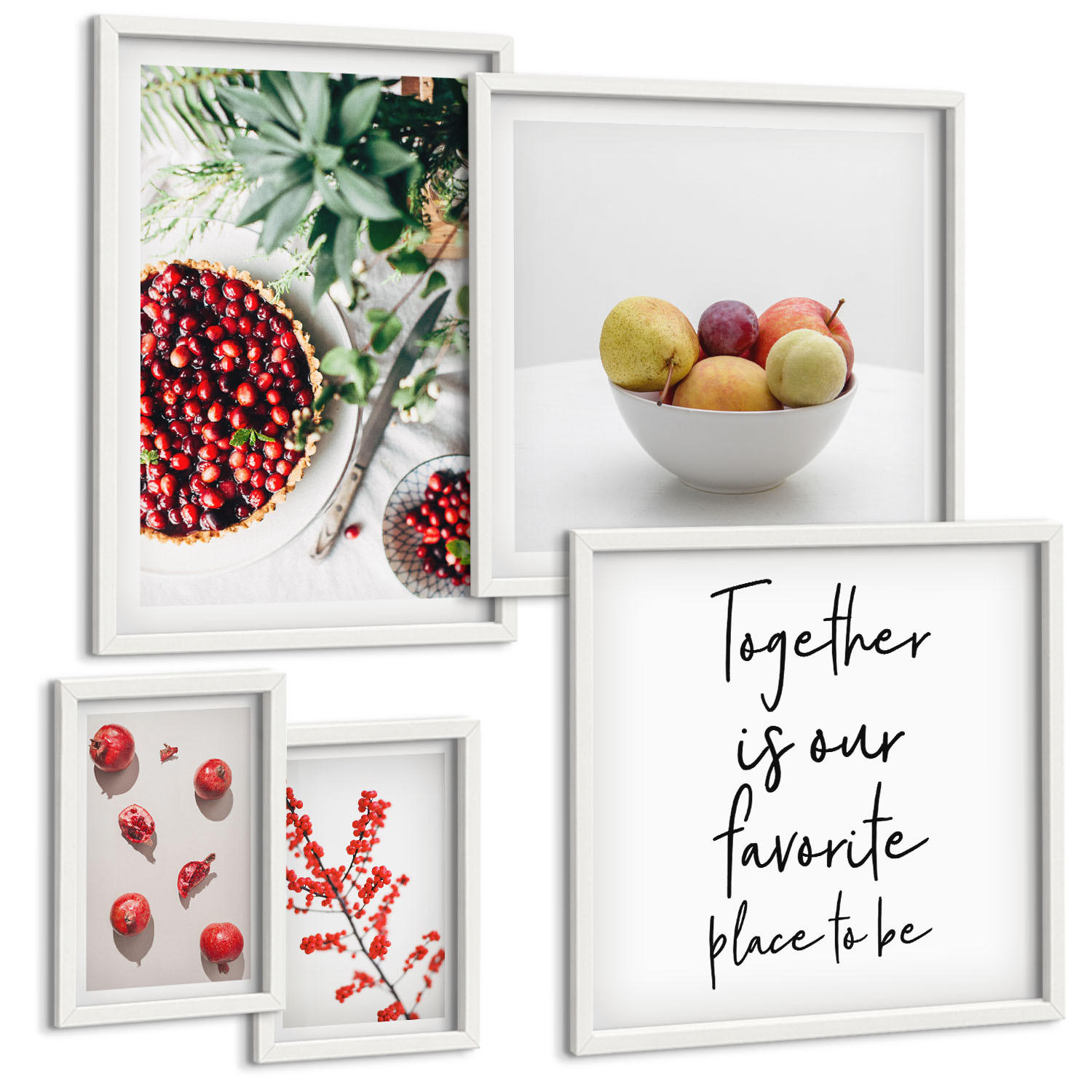 BILDER SET 5er Set - 50x50 cm & 20x30 cm & 40x60 cm Weißer Rahmen - Minimalismus der roten Früchte von Pflanzen - Weiß, Kunststoff (40/60cm) - TULUP