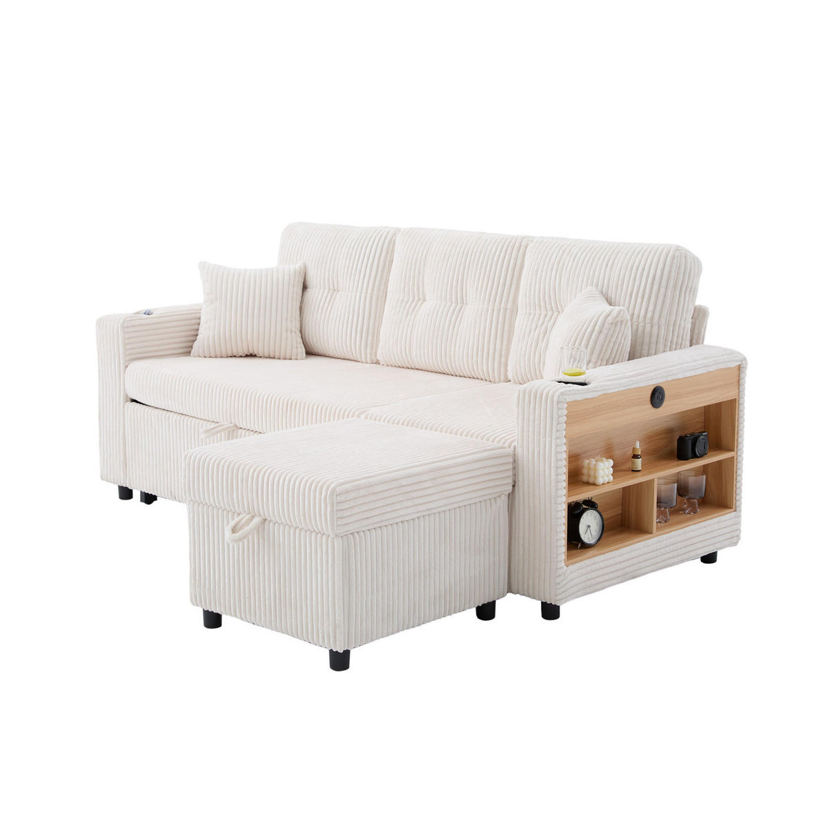 SCHLAFSOFA aus Cord 196x82-144x85 cm Beige mit Stauraum, USB-C, LED-Beleuchtung, Getränkehaltern und Ausziehfunktion - Beige, Textil (82/85/196cm) - Modfu