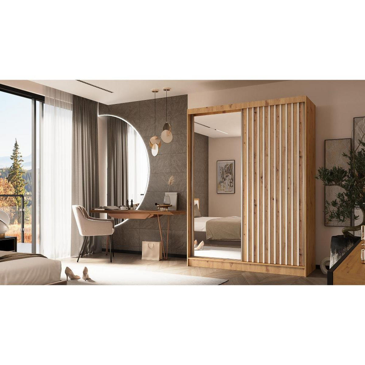 SCHWEBETÜRENSCHRANK Helix 160/216/61 eiche artisan+weiß mit Schubladeneinsätze - Eiche Artisan/Weiß, Holzwerkstoff (160/216/61cm) - Beautysofa