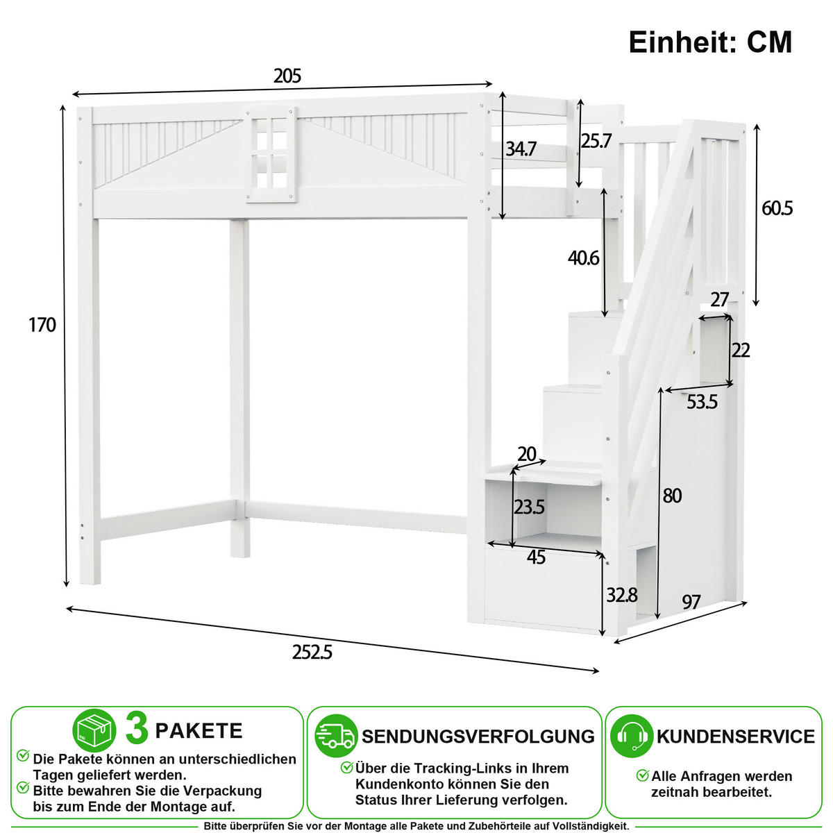 HOCHBETT 90/200 cm in Weiß mit Fenster, Ablage und Leiter - Weiß, Holz/Holzwerkstoff (90/200cm) - CHICFURN