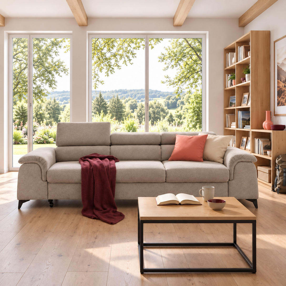 3-SITZER Sofa PLAZA mit Schlaffunktion 127x195 Velours Beige - Beige/Schwarz, Holz/Textil (260/90/100cm) - Muffo