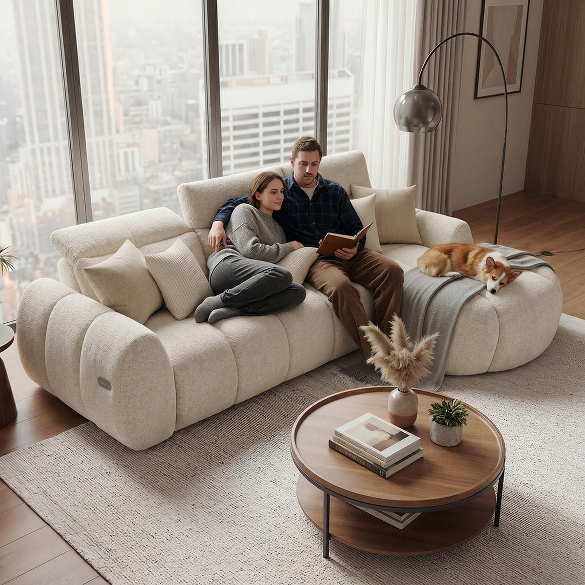 ECKSOFA Sorel Mini mit Automatisch verstellbarer Sitztiefe und Kopfstützen, rechts, Beige - Sandfarben, Textil (275/190cm) - Beautysofa