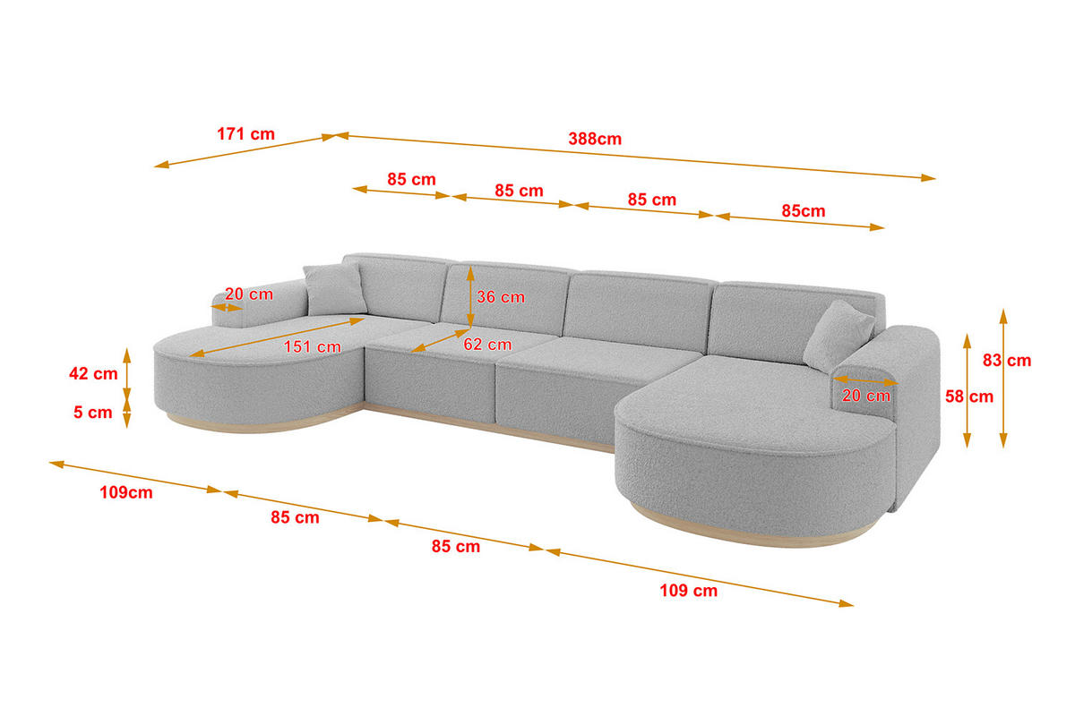 WOHNLANDSCHAFT MARI-U2-v1 - 388x171x83 cm Hellgrau Bouclé - Hellgrau, Holzwerkstoff/Textil (388/83/171cm) - ALTDECOR